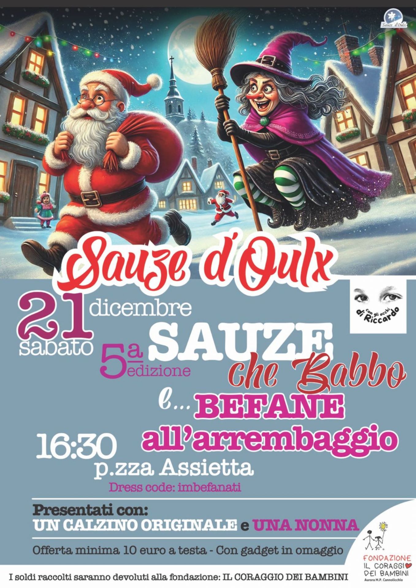 Locandina con Babbo Natale e la Befana, di sfondo vi sono delle casette addobbate per Natale e la luna piena. Titolo dell'evento e data, 21 dicembre 2024
