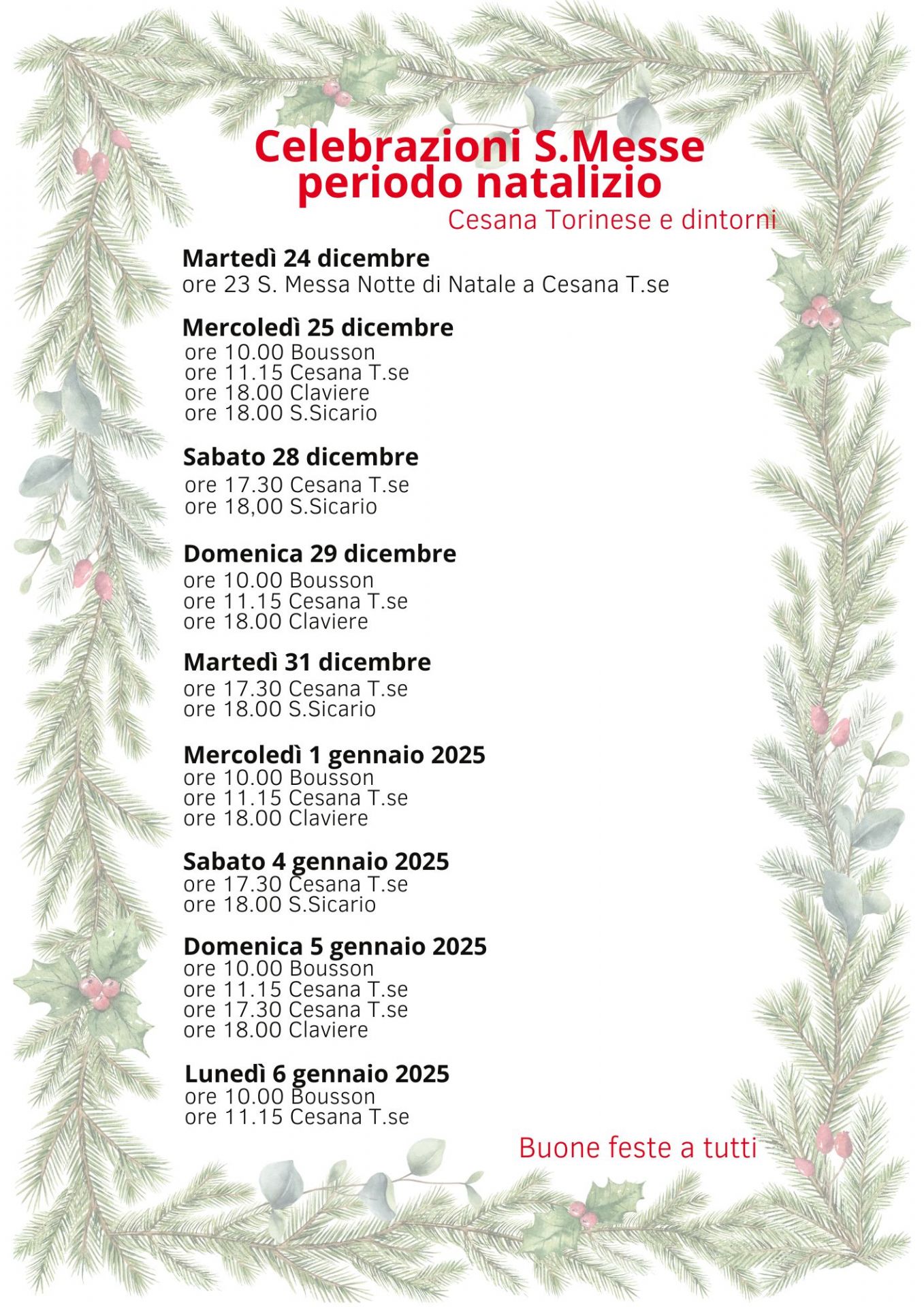 Elenco celebrazione S.Messe a Claviere e dintorni nel periodo natalizio fino all'Epifania.