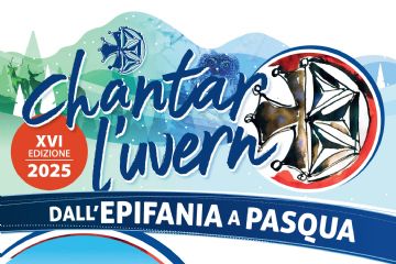 Locandina dell'evento con cerchio a sinistra che ha come sfondo il Forte di Exilles ed una figura di colore blu