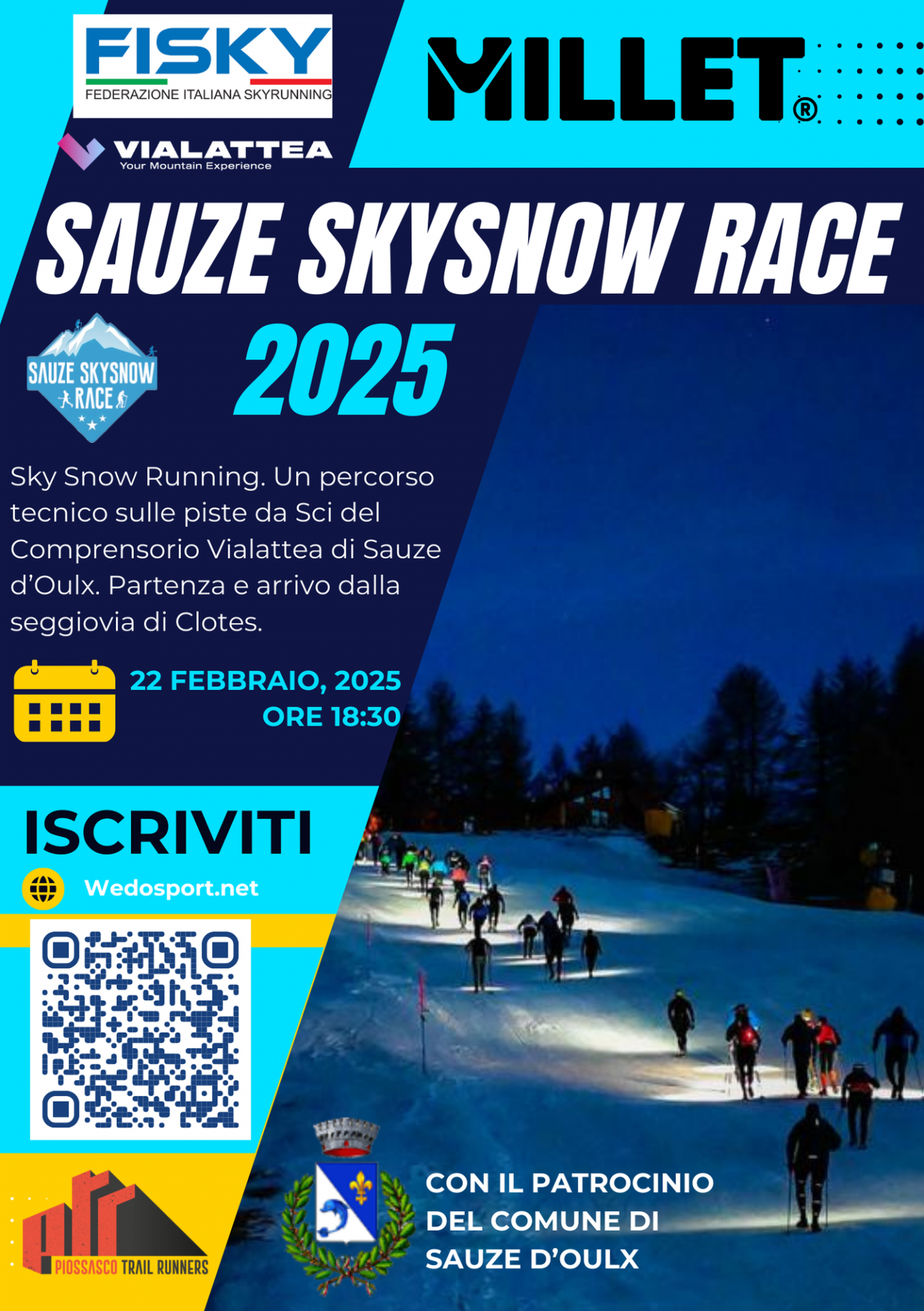 Locandina dell'evento con immagine sulla destra dei partecipanti che salgono in notturna sulla pista da sci