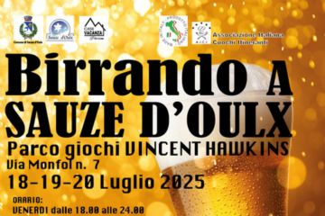 Birrando a Sauze d'Oulx. Locandina con un bicchiere di birra e il programma dell'evento.