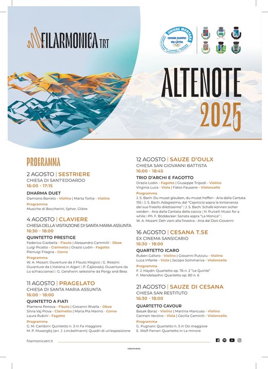 Locandina con tutti gli appuntamenti di Alte Note organizzate dall'Unione Montana Comuni Olimpici Vialattea